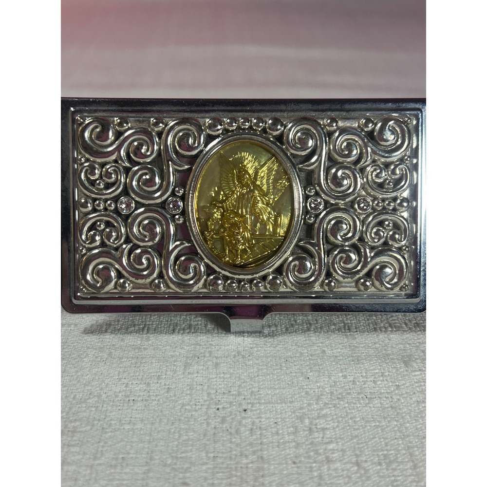 1998 Brighton Guardian Angel Business Card Holder Silver Filigree and Crystals